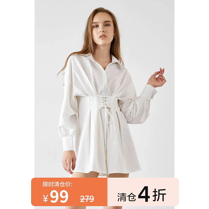 Suri品牌秋季欧美风连衣裙轻奢极简白色系带露背纯欲风衬衫连衣裙