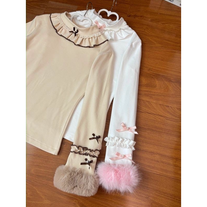 秋冬天德绒保暖lolita内搭打底衫女半高领修身显瘦毛绒袖口上衣潮