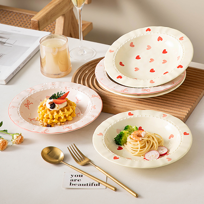 奶油爱心花边ins家用深盘菜盘陶瓷意面高颜值沙拉盘子餐盘餐具