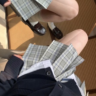 汐音/山川原创jk格裙TR灰蓝格春夏A字高腰裙