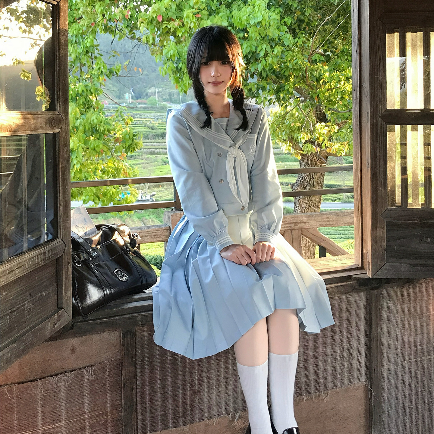 小晴川/山川会社原创jk水手服套装春夏水色双排扣校供感春日鸟