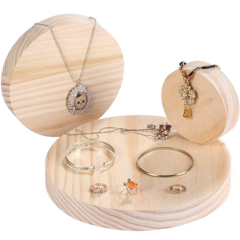 实木圆形三件套展示架套台戒指项链摆台原木风饰品展示道具橱窗