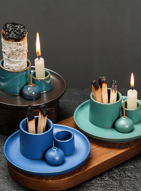 莫兰迪 窑变蓝色烛台是鼠尾草圣木托盘 北欧风格家居氛围摆件装饰