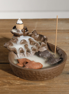 跨境 紫砂石磨烟倒流香炉 创意莲花鱼烟倒流观赏香薰炉家居摆件