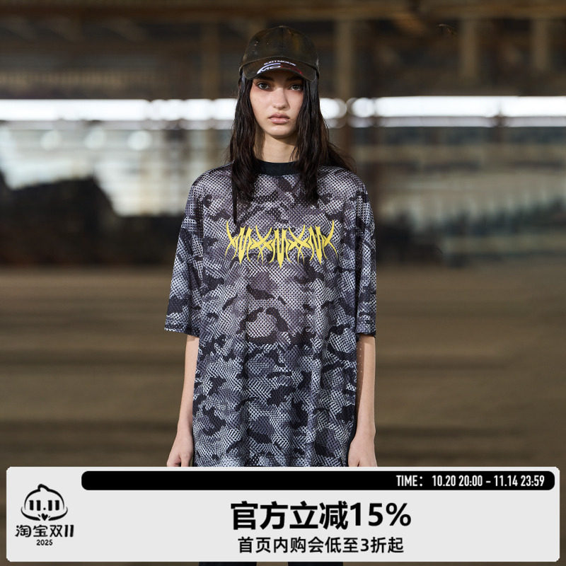 BLINDNOPLAN24SS 双面灰迷彩撞色丝网印花做旧圆领宽松短袖T恤