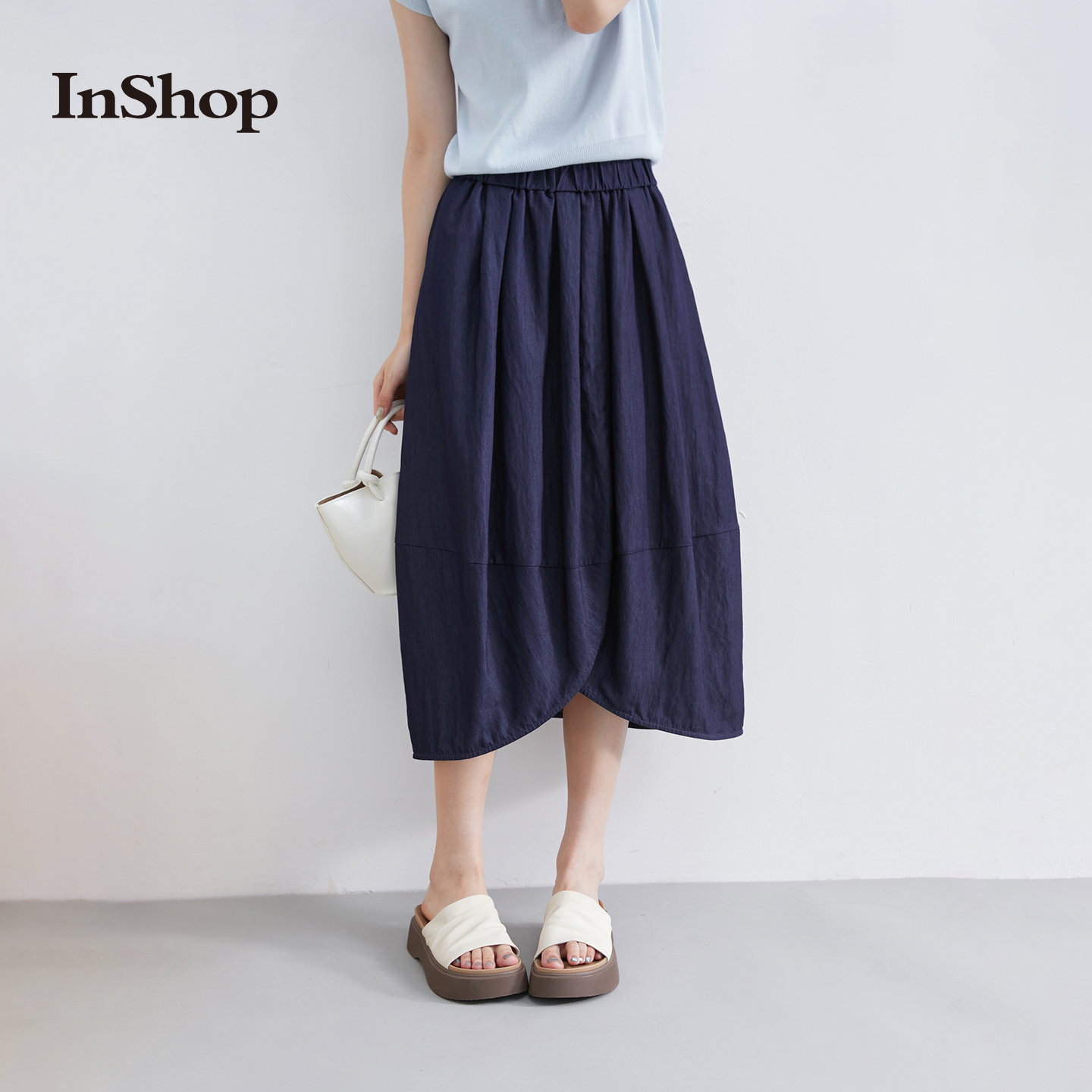 【商场同款】INSHOP新款中长款半身裙女高腰小个子休闲遮胯花苞裙