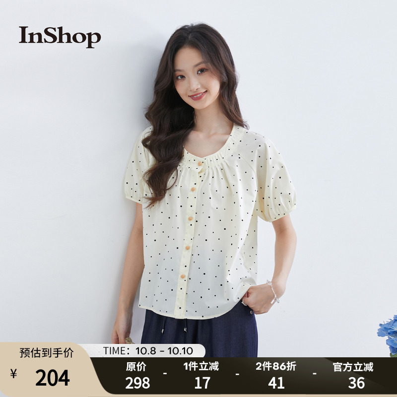 【商场同款】INSHOP新款甜美波点短袖衬衫女复古插肩袖单排扣上衣