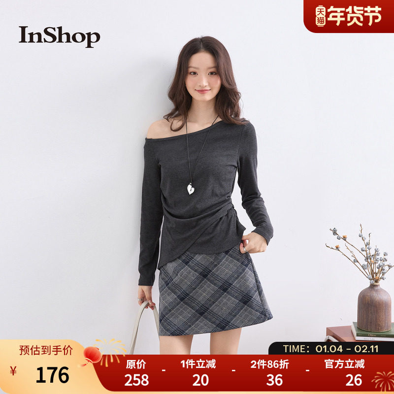 【商场同款】INSHOP新款女活力单侧漏肩t恤不规则简约长袖上衣,女装/女士精品,T恤,淘宝优惠券,粉丝福利购,淘宝优惠卷