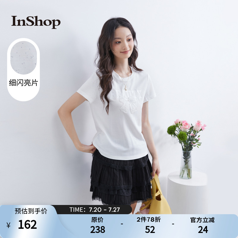 【商场同款】INSHOP新款字母印花短袖t恤女精致蕾丝蝴蝶结上衣