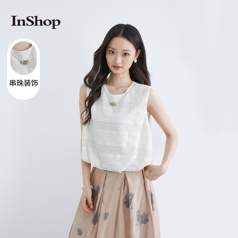 【商场同款】INSHOP新款浪漫度假风串珠t恤女蕾丝花苞廓形上衣