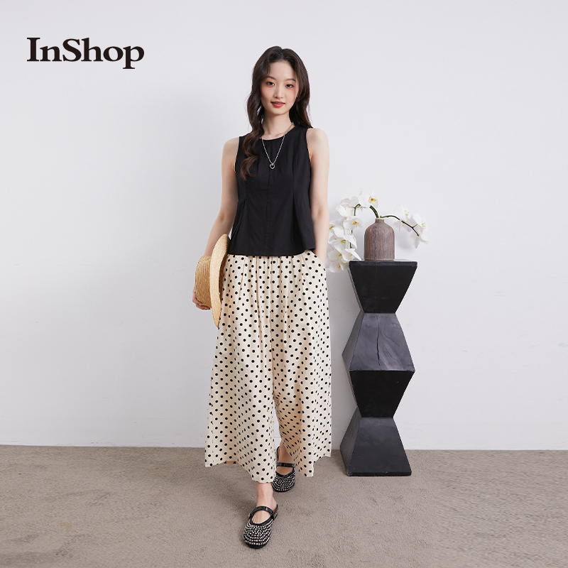 【商场同款】INSHOP新款俏皮无袖短上衣女杏色波点阔腿裤两件套