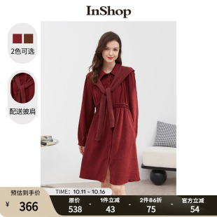 商场同款 衬衫 INSHOP新款 连衣裙休闲披肩式 裙 女文艺褶皱长袖