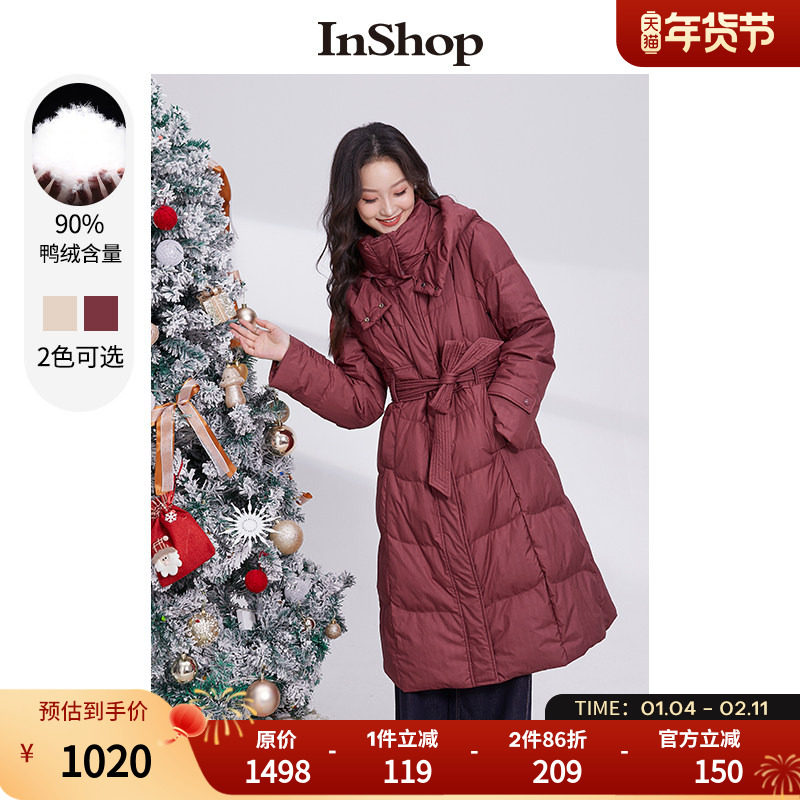 【商场同款】INSHOP新款连帽中长款羽绒服女厚实腰带修身面包服