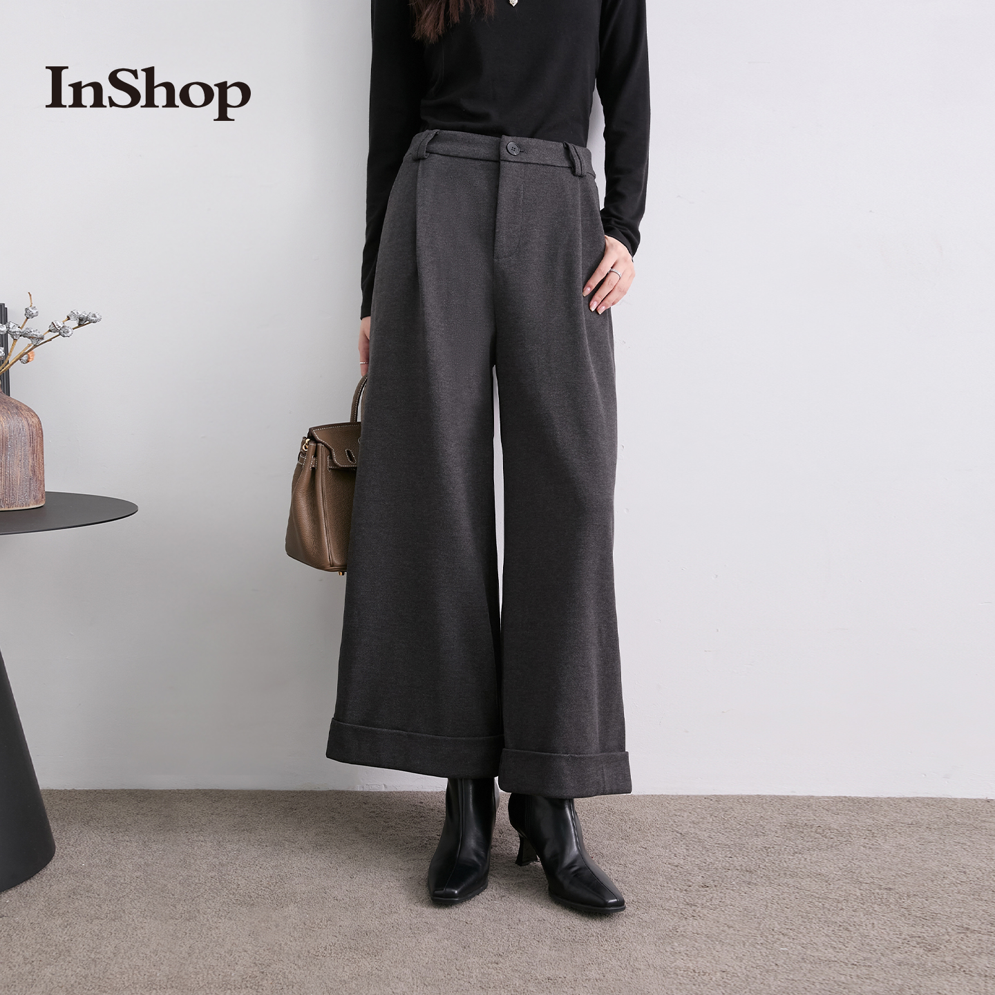 InShop【商场同款】新款女高级感气质通勤阔腿裤百搭卷边长裤