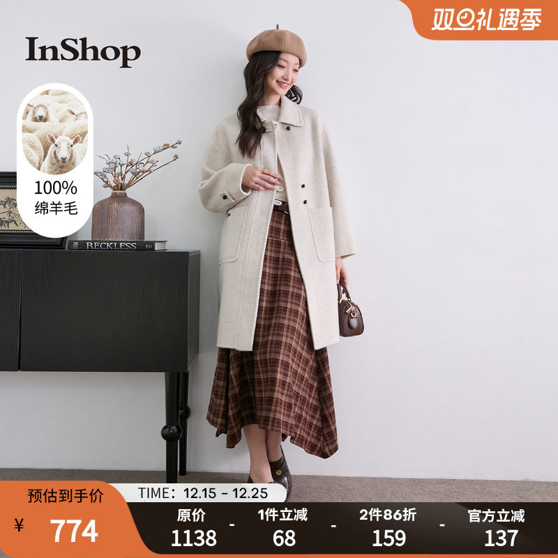 InShop【商场同款】新款女优雅甜美长款毛呢外套气质翻领保暖大衣