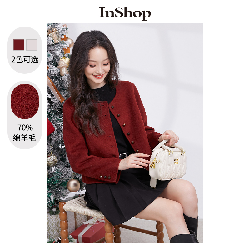 【商场同款】INSHOP新款小香风毛呢外套女气质纯色单排扣圆领大衣