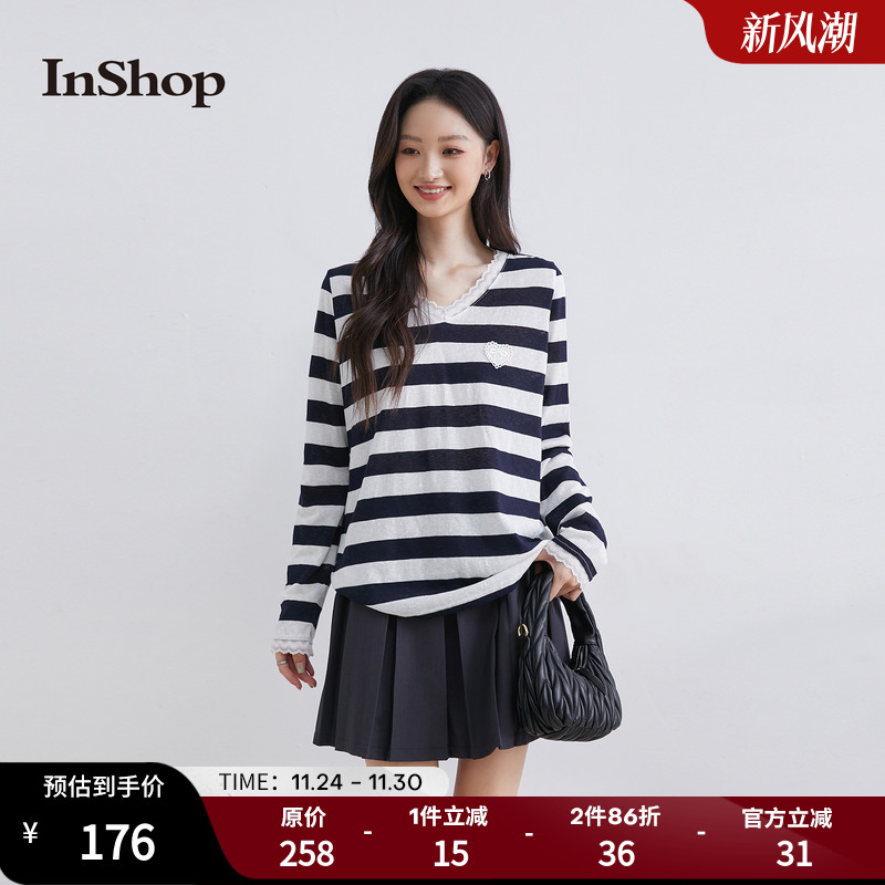【商场同款】InShop新款女甜美通勤撞色条纹T恤V领显瘦长袖上衣