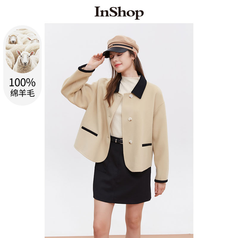【商场同款】INSHOP新款女减龄毛呢外套短款撞色宽松翻领落肩大衣