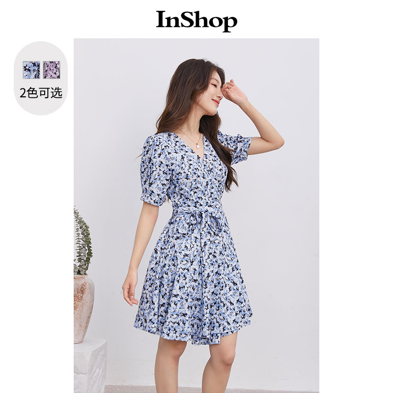 【商场同款】INSHOP新款浪漫一片式绑带连衣裙女碎花度假雪纺裙