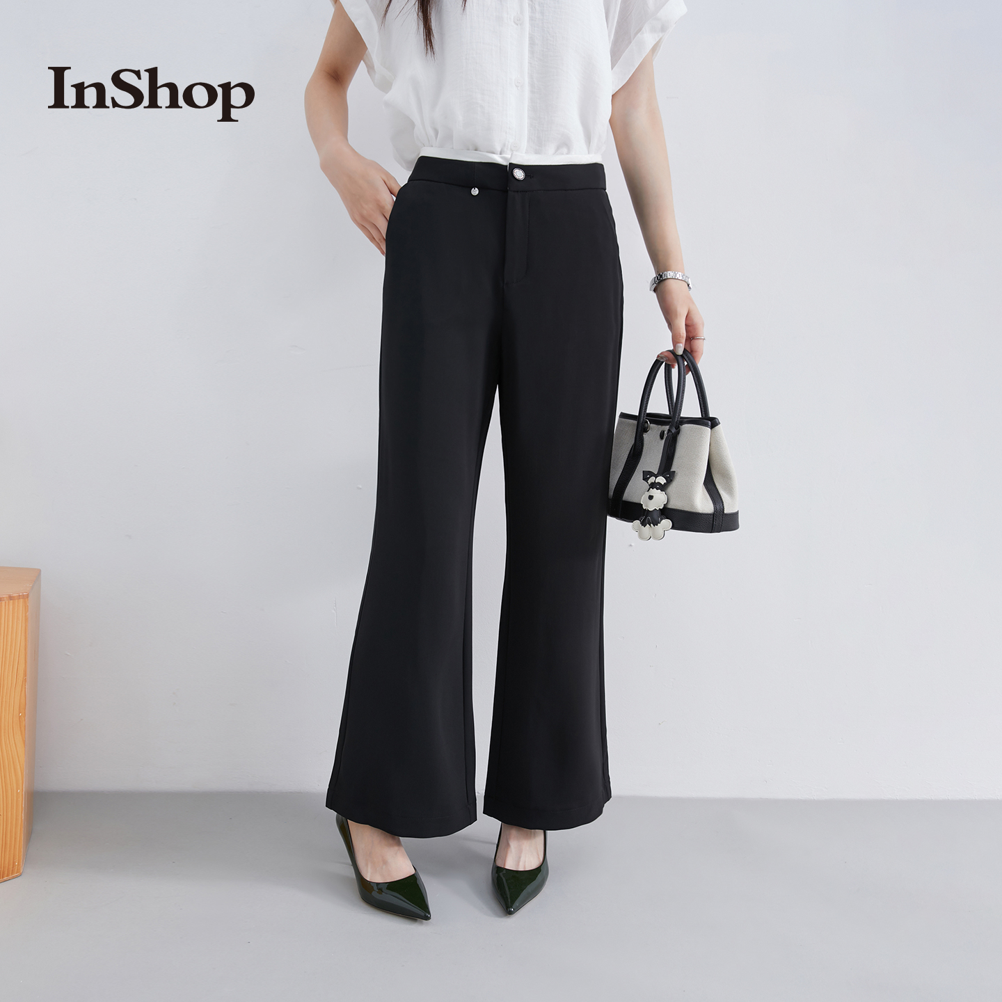 【商场同款】INSHOP新款女百搭简约通勤休闲黑色微喇显廋长裤