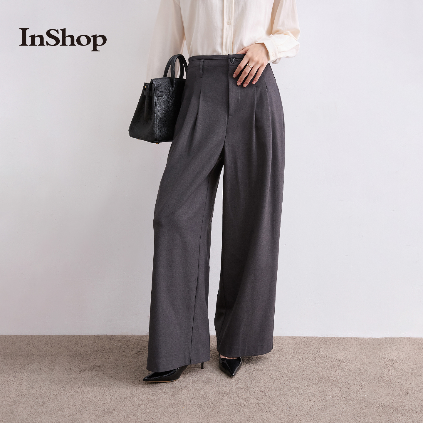 【商场同款】INSHOP新款女职场通勤简约深灰西装裤宽松显瘦长裤