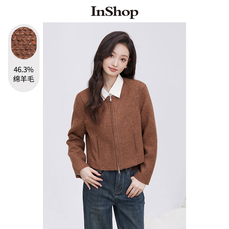 【商场同款】INSHOP新款高级感彩点纱短外套女小香风绵羊毛夹克