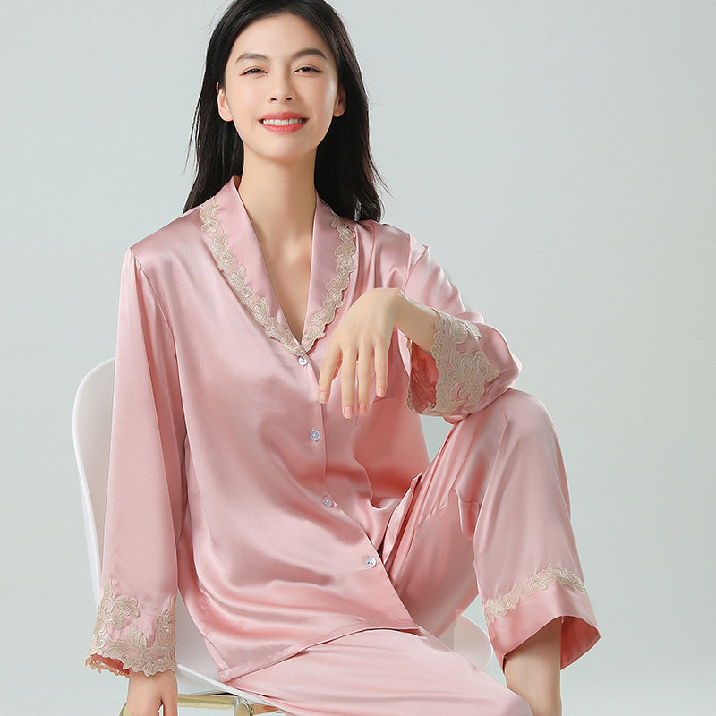 重磅真丝睡衣女春夏季两件套长袖长裤100%桑蚕丝可外穿高档家居服