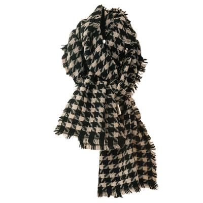 秋冬季千鸟格毛边女棉羊毛长围巾