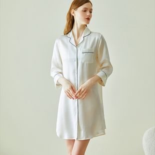 式 衬衫 高档女睡衣白色 桑蚕丝时尚 杭州丝绸桑蚕丝真丝睡裙夏9分袖