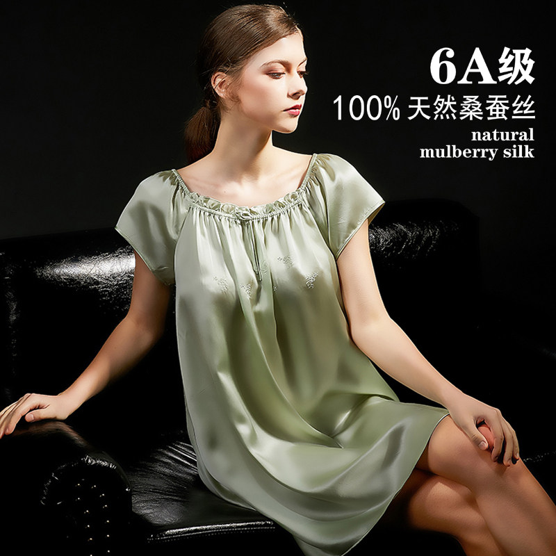 杭州丝绸100%桑蚕丝夏季真丝睡裙短袖宽松大码女睡衣裙家居服纯色