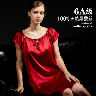 宽松家居服 杭州丝绸100%桑蚕丝睡衣女款 酒红色春夏季 薄款 睡裙短袖