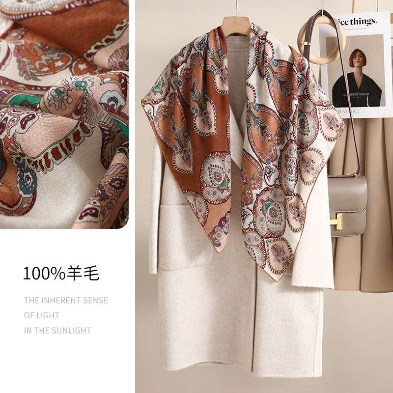 黄色印花纯羊毛围巾女羊绒大方巾新款柔软薄款秋冬季保暖围脖轻薄