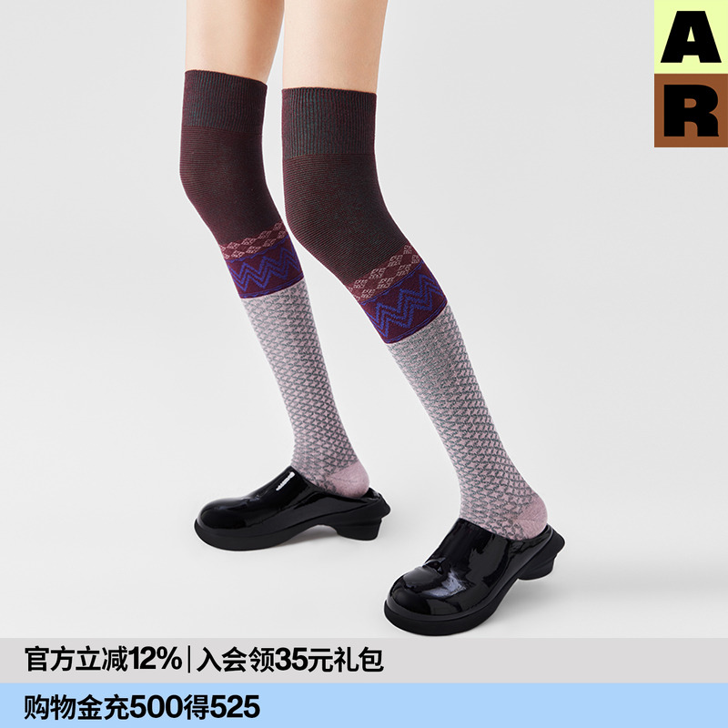 AR古钱字纹过膝袜拼接长筒袜秋冬