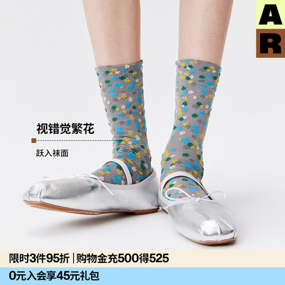 【意大利袜机】AR金银丝花中筒袜复古亮光丝玛丽珍袜子春夏薄袜女