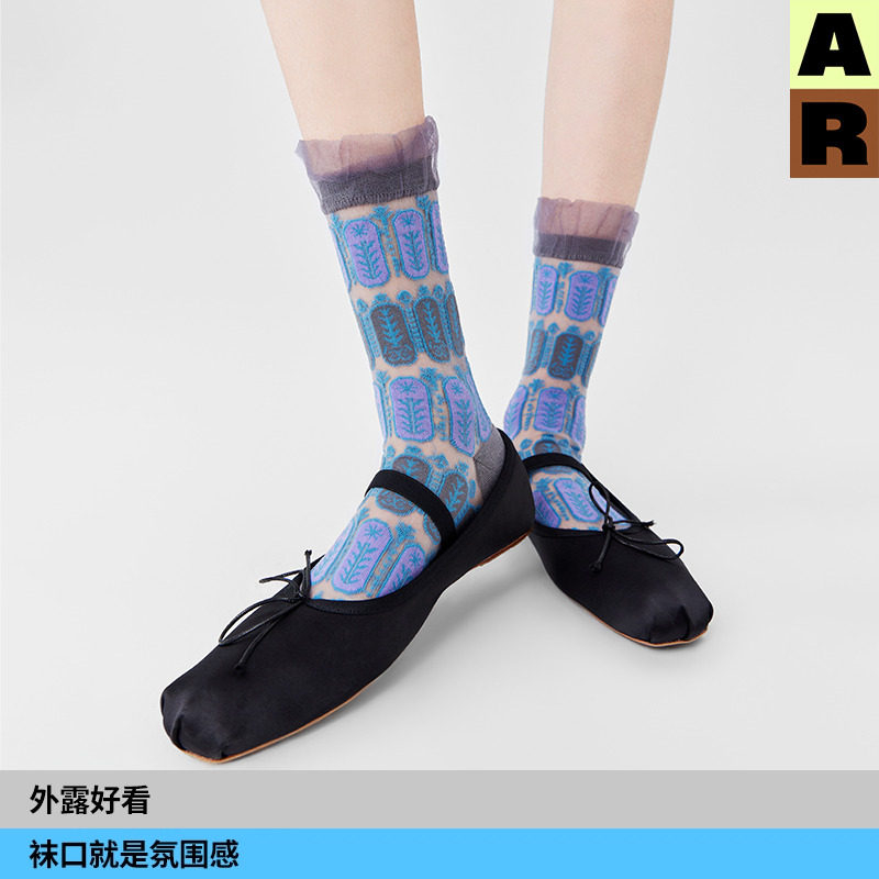 AR复古浮雕花边罗口丝袜亮光丝轻薄芭蕾风2026新款中筒袜玛丽珍袜