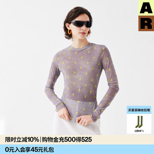 AR原创小众花卉印花网纱打底衫修身长袖T恤可外穿薄款内搭女新款