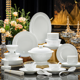 景德镇高温白瓷餐具纯白釉下彩碗碟套装家用盘子新款陶瓷碗盘乔迁