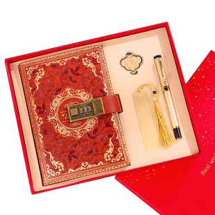 复古欧式密码笔记本子礼盒文艺带锁记事本彩页手账本套装签字笔金属书签精美实用创意生日礼物中考高考伴手礼