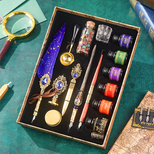 欧式 机械齿轮蒸汽朋克蘸水笔中小学生沾水笔男女朋友网红ins生日礼物送老师 文艺复古羽毛笔礼盒宝石钢笔套装