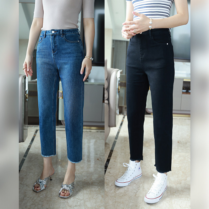 WinnieTang四面弹经典丹宁显瘦紧身牛仔裤 个性毛边复古百搭长裤