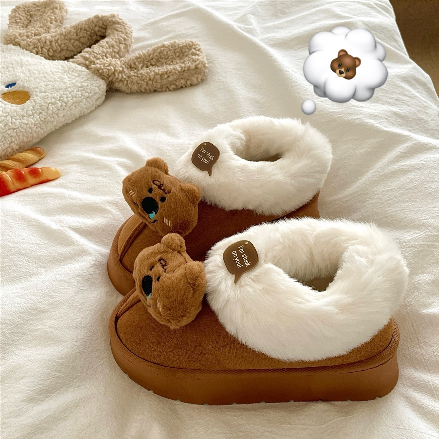 鼻涕虫小熊~！软萌ins可爱包跟棉鞋女保暖厚底雪地靴加绒棉拖鞋潮