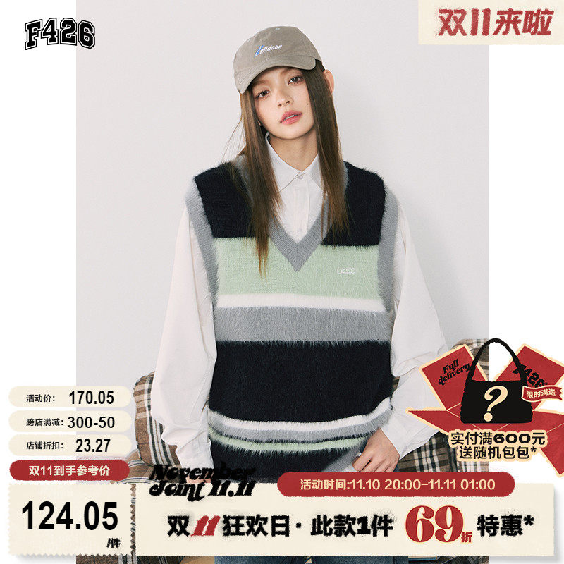 【F426官方店】国潮牌情侣嘻哈秋季宽松休闲长毛条纹V领毛衣马甲_虎窝淘