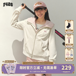 【F426官方店】国潮牌春季新款条纹拼接假两件连帽卫衣女款外套女