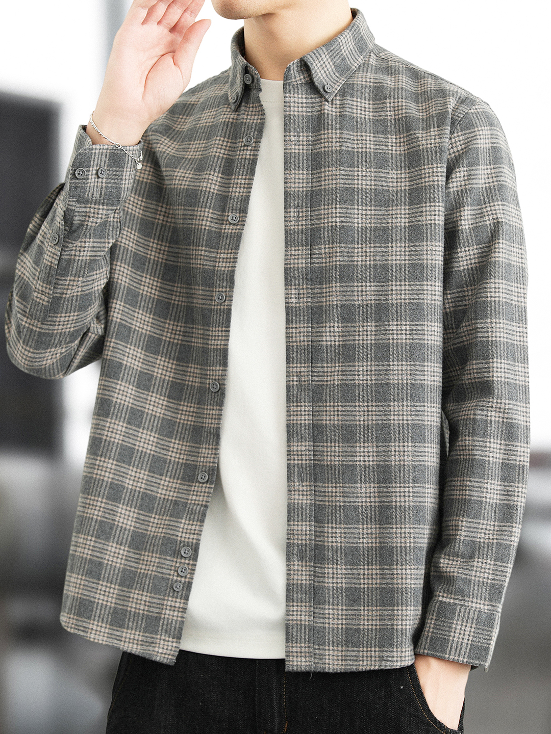 2025秋季新款男士格子纯棉长袖衬衫加厚休闲磨毛衬衣男款外套上衣