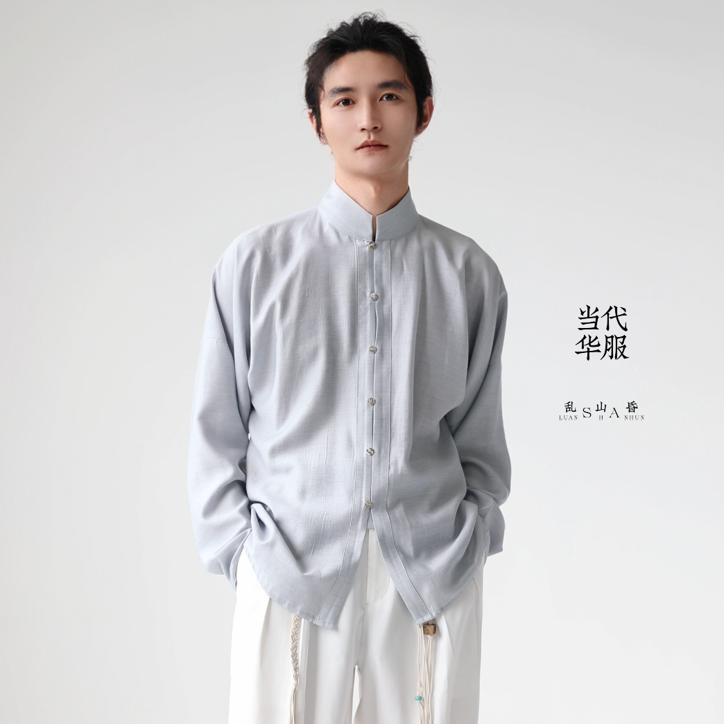 乱山昏 当代华服新中式国风原创轻薄蓝色通勤长袖华服衬衫男百搭