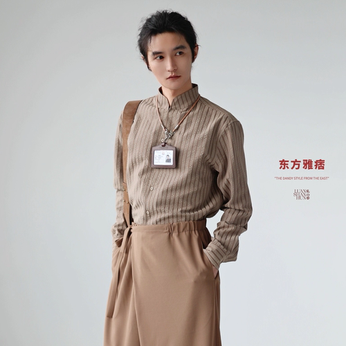 新中式国风竖条纹立领长袖衬衫