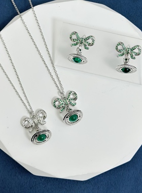 绿色蝴蝶结经典orb土星立体项链女高精工满钻吊坠锁骨链
