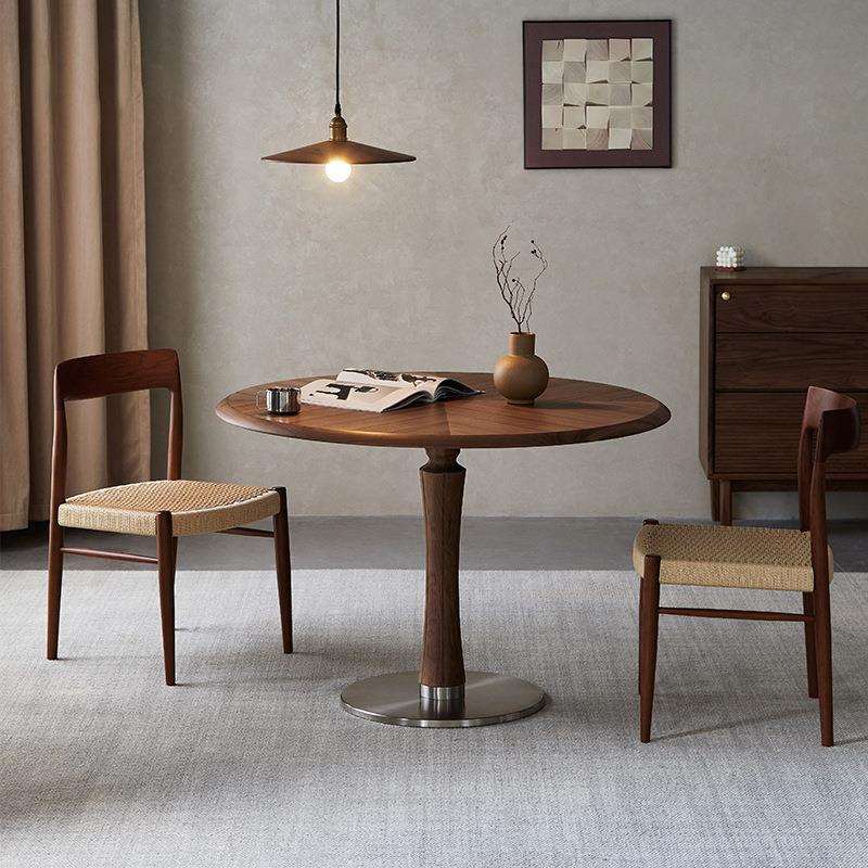 崇匠家具实木圆桌北美黑胡桃木圆形餐桌法式复古饭桌家用吃饭桌子