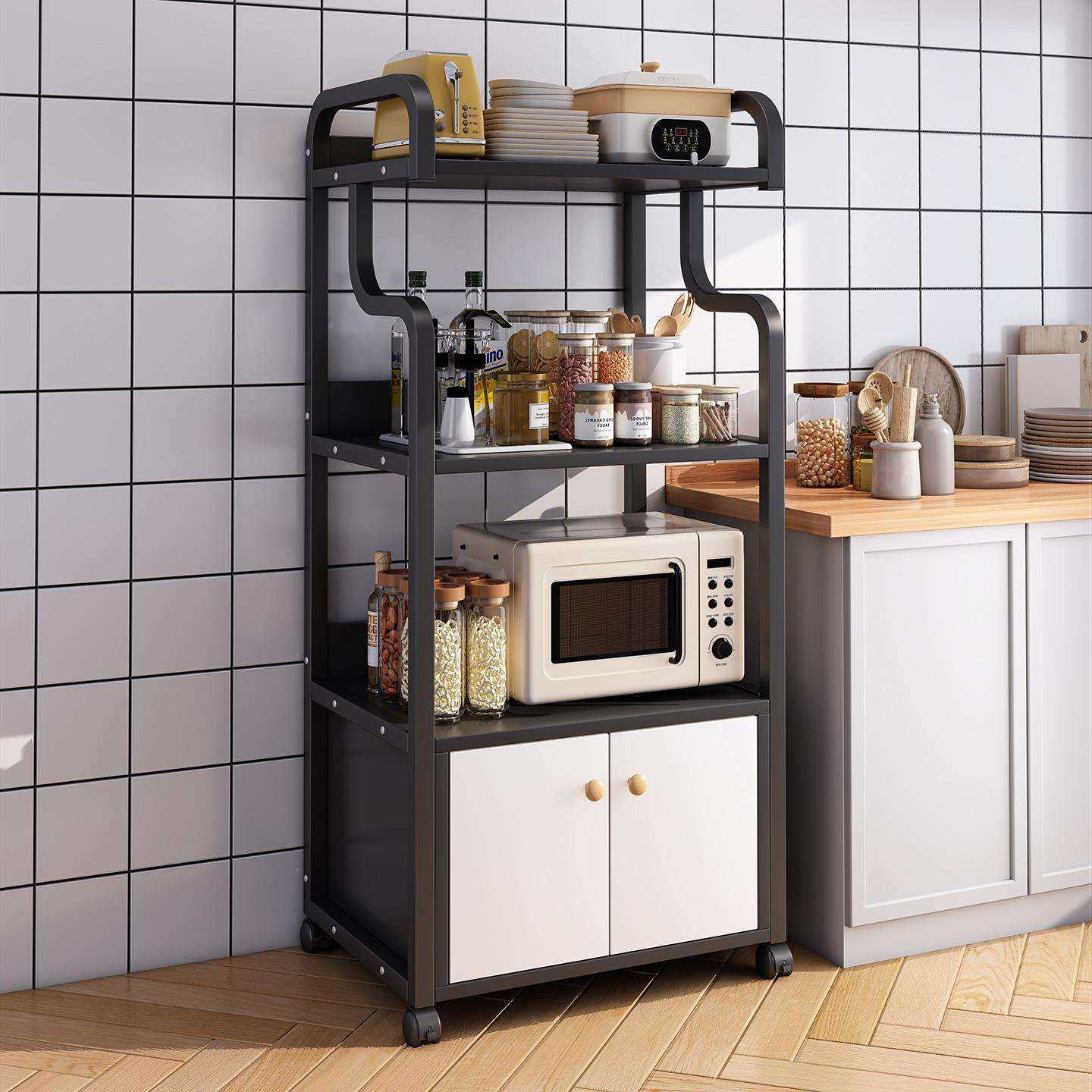 厨房微波炉置物架子带轮子家用落地多功能烤箱电饭锅锅具收纳大全