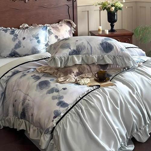 法式复古轻奢100支长绒棉四件套全棉贡缎公主风花边被套床上用品